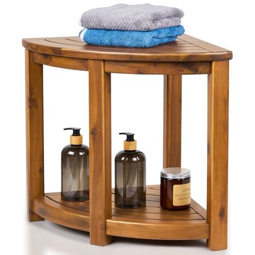 Upolana Teak Shower Stool, 18" Corner Shower Benches for Inside Shower Bathroom Wood Shower Seat with Storage Shelf Waterproof - S35796