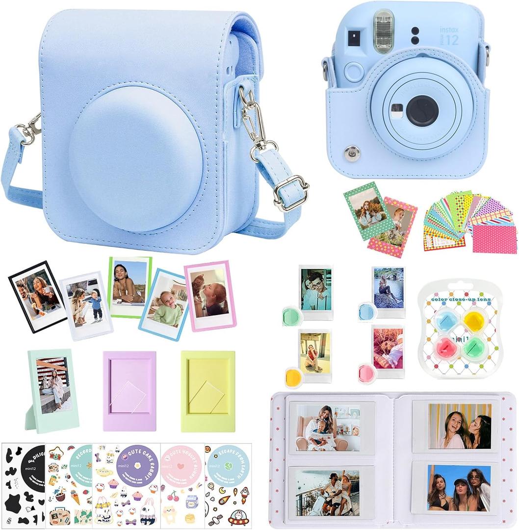 CAIYOULE Accessories for Fuji Instax Mini 12 Camera, Accessory Bundle Include PU Leather 12 Case, Mini Picture Album, Frames, DIY Stickers, Color Filter (No Camera) - Pastel Blue