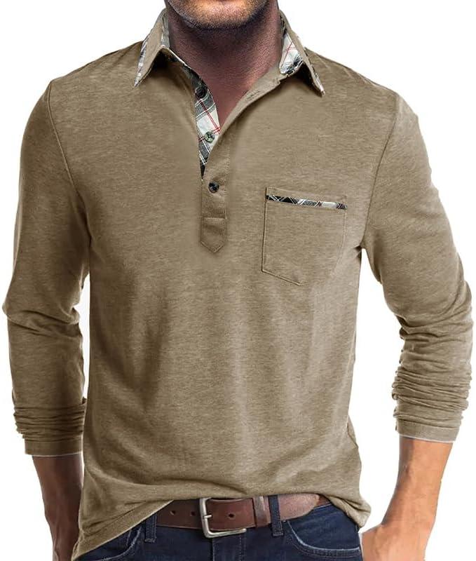 Mens Long Sleeve Polo Shirts Casual Button Moisture Cotton Tees Stylish Tops Golf Shirts with Pocket (X-Large, Khaki)