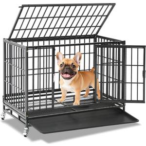 Homey Pet 37 inch Stackable Heavy Duty Dog Crate, Indestructible Escape Proof Dogs Cage Kennel with Lockable Wheels, Removable Tray & Metal Grid, Double Doors for High Anxiety Medium/Small Dogs (36.6"L x 22.5"W x 29.1"H)
