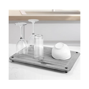 Stone Dish Drying Mats for Kitchen Counter 15.7"x 11.8" Quick Dry Stone Drying Mat Super Absorbent Diatomaceous Earth Drying Mat with 4 Non-Slip Stainless Steel Feet for Dishes&Cups Light Grey