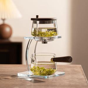 Semi-Automatic Glass Teapot,Magnetic Water Separation Kungfu TeaPot, Heat Resistant Magical Teapot, High Borosilicate Glass Tea Set Coffee Set, Glass Magic Pot for Holiday Gifts (Yun qu TeaSet Clear)