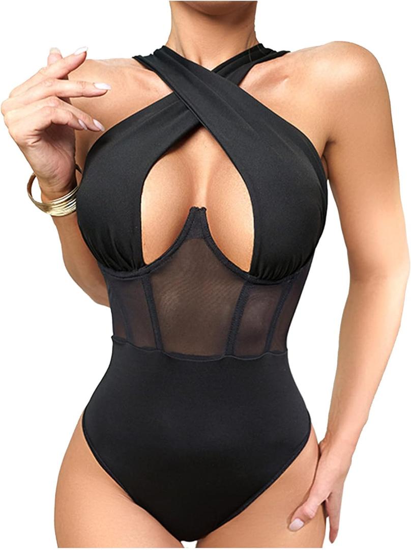 Sexyshine Women's Halter Criss Cross Sleeveless Bodysuit Sheer Mesh Corset Bustier Sexy Cut Out Leotard Jumpsuit (Black)