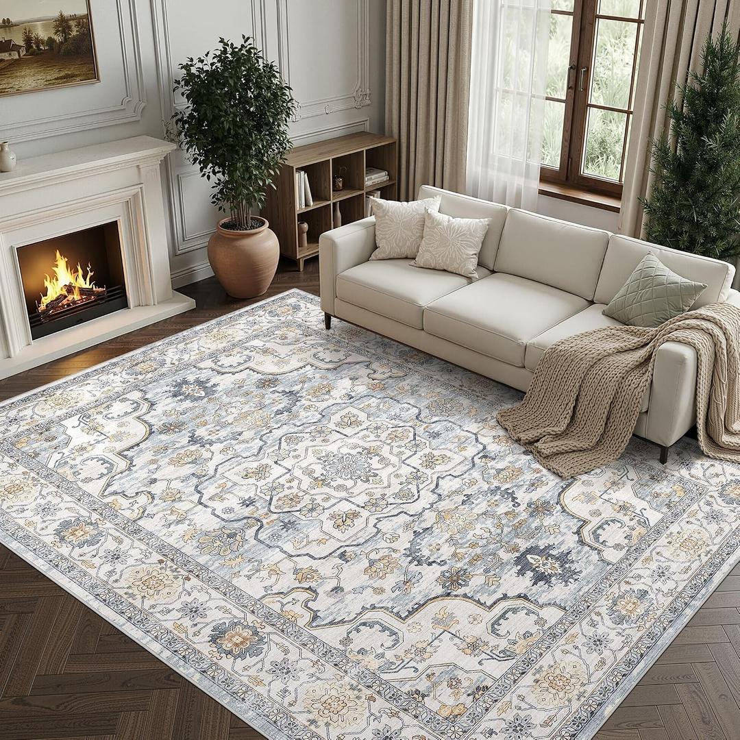 10x14 Area Rug for Living Room, Washable Non-Slip Soft Carpet | Stain Resistant, Kid & Pet Friendly Vintage Rugs, Ideal for Bedroom, Dining Room, Farmhouse, Nursery, Home Office Blue/White