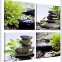 YPY Zen Bathroom Decor Meditation Canvas Wall Art, Water Stone and Green Plants Pictures for Yoga Spa and Office Calming, Relaxing Wall Art for Office Bedroom Living Room (12x12in, 4 Panels)