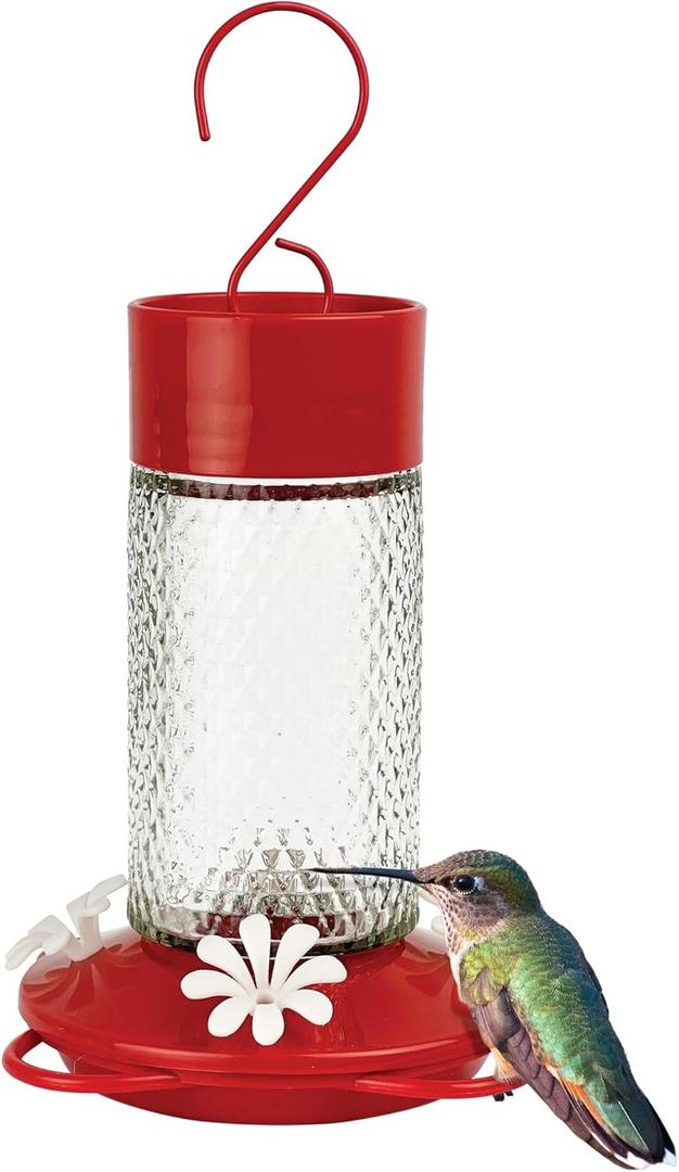 Nature's Way Hanging Glass Hummingbird Feeder for Outdoor Dcor, 13 Ounce Capacity Nectar Feeder, Ant Moat, 4 Easy to Clean Flexible Ports, Red