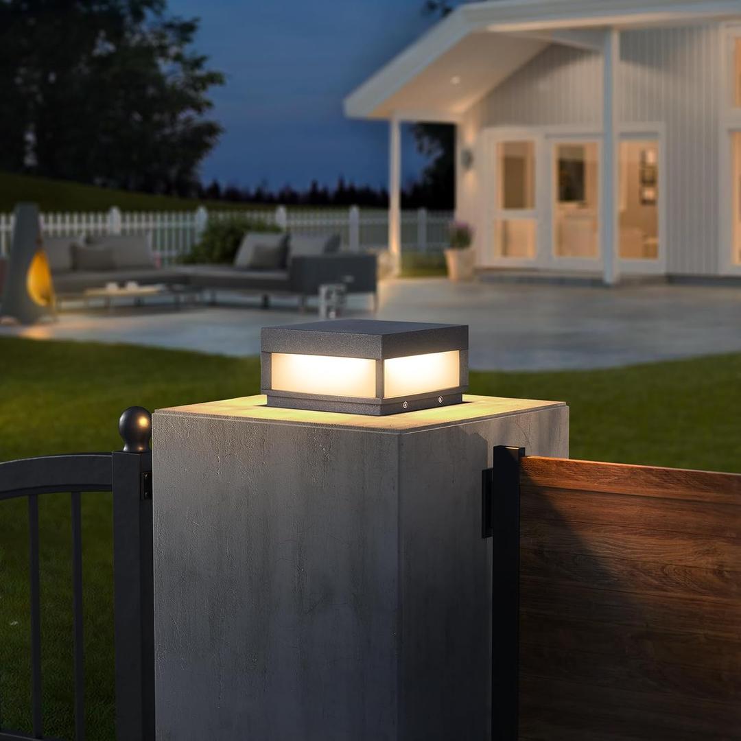Outdoor Post Light, 7.87" Modern Column Pillar Lamp Outside LED Fence Deck Cap Lights IP65 Waterproof 3000K Warm Lighting Lantern for Driveway Patio Garden Decoration, High Voltage Wired