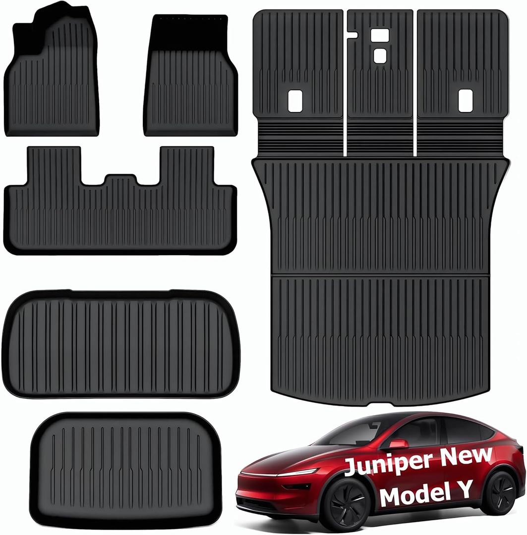 20252026 Tesla Model Y Juniper Floor Mats, Premium TPE Odorless All-Weather Full Coverage Liners, Non-Slip Front Rear Trunk Frunk Backrest Cargo Mats for 5-Seater Model Y Accessorie