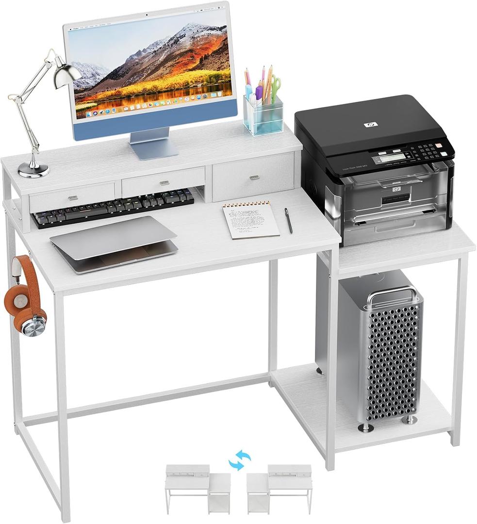 SINPAID 47 inch Computer Desk with Printer Shelf, Gaming Desk with Monitor Stand and Drawers, Reversible Home Office Desk with Storage Shelves and 2 Hooks, Home Workstation for Study Writing, White, 47x19 in