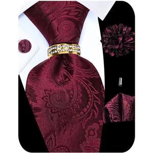 5PCS Tie and Pocket Square for Men, Silk Necktie and Handkerchief Cufflinks with Gold Ring and Lapel Pin Set (Burgundy Paisley Tie Set -159)