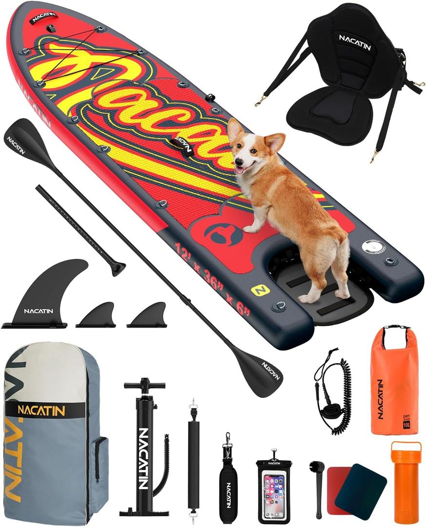 NACATIN Inflatable Stand Up Paddle Board - Premium SUP Board with Dog Ramp Kit, Complete SUP Set Paddle Boards for Adults with Single/Double Paddle, Kayak Seat, Suitable for Paddle Boarding with Dog