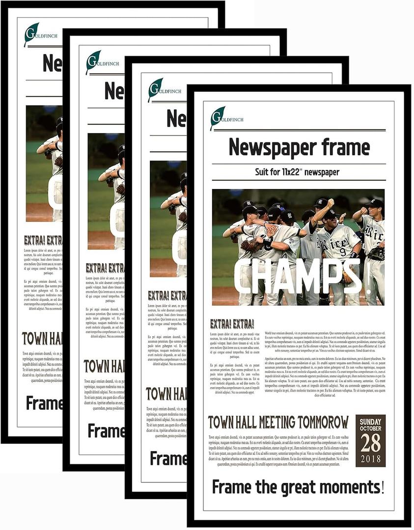 Goldfinch 4 Packs, 11x22 Newspaper Frame to Hold Assorted Media, Article Cover Frame with Polished Plexiglass, Includes Installed Wall Hangers (4, Black)