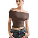SUUKSESS Women Off The Shoulder Short Sleeve Tops Trendy Cowl Neck Going Out Basic T Shirt (Brown, S)