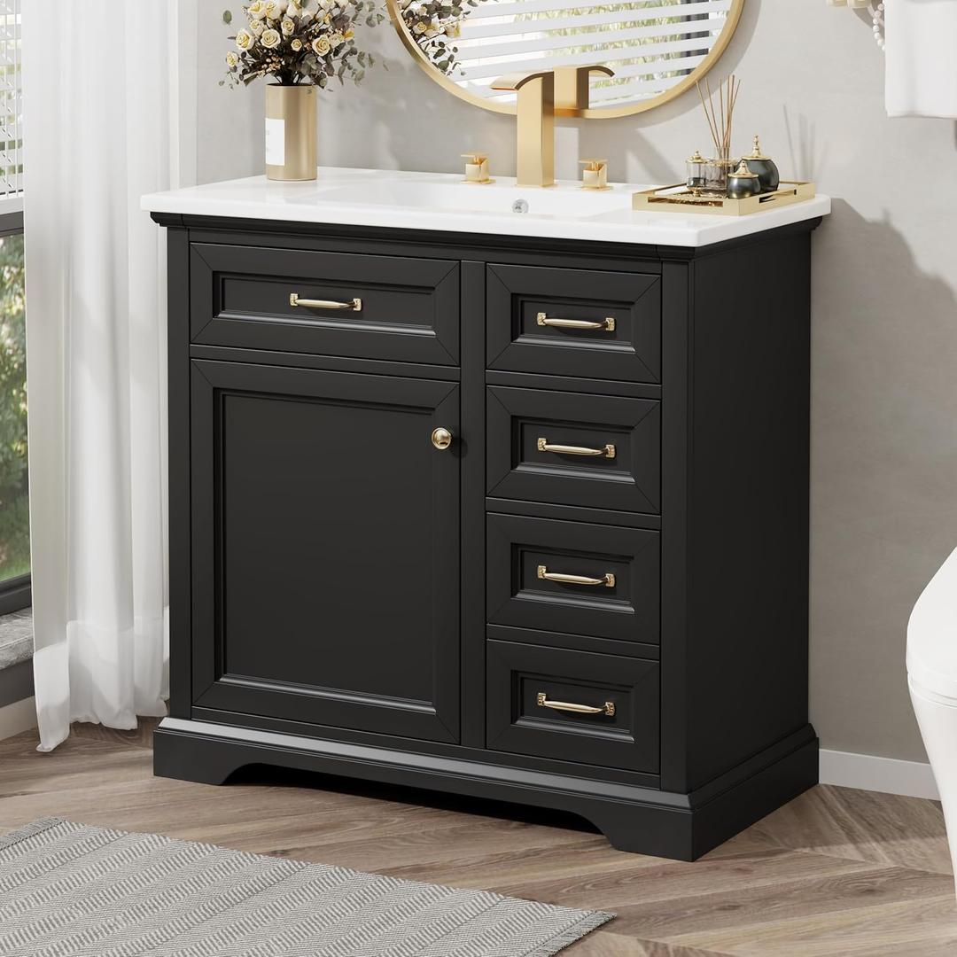36 Inch Bathroom Vanity with Sink, Solid Wood Frame with Ceramic Countertop, Cabinet with Tilt-Out Drawers and Left Door Shelf, Soft Closing Hinges, Black