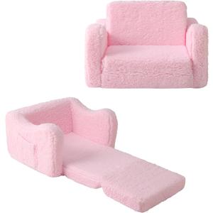 MAMAJOVE Kids Sofa for Toddler 1-3 Years, 2-in-1 Convertible Recliner & Lounger, Soft Sherpa Baby Couch for Girl and Boy, Baby Sofa Chair Fold Out Toddler Chair (Pink)