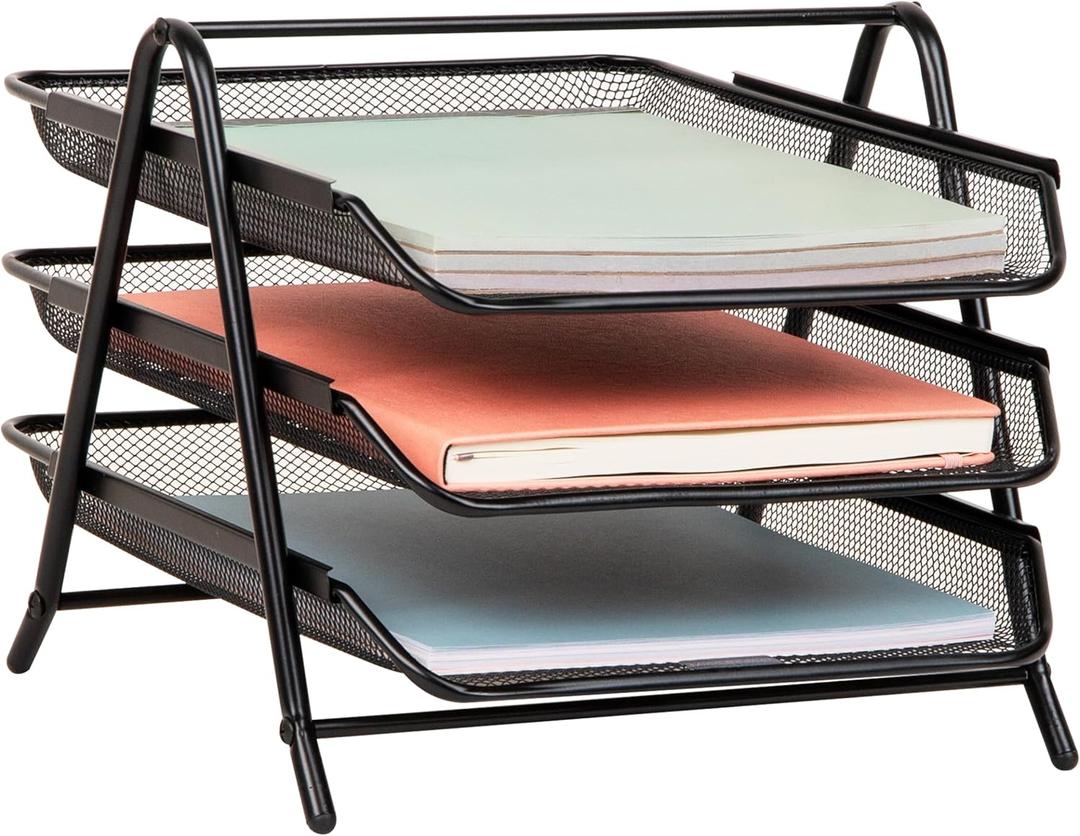 Mind Reader 3-Tier Paper Tray, Desktop Organizer, File Storage, Workspace, Office, Metal Mesh, 11.75"L x 13.75"W x 10"H, Black