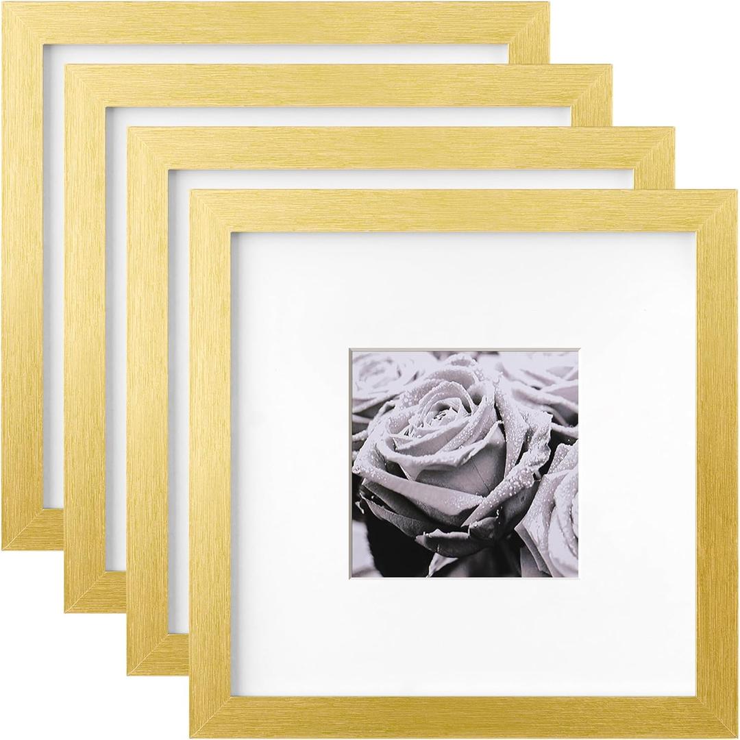 Yaetm 8x8 Picture Frames Gold Set of 4, Square Frame Displays 4x4 with Mat or 8 x 8 without Mat, Gallery Wall Frames 8x8 for Wall Mounting (4 pack, Gold)