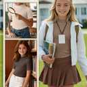 2 x LessonZoo 3 Pack Girls Shirts Short Sleeve Mock Turtleneck Cotton Cute Lettuce Trim Summer Tops 5-14Y Kids Clothes(Brown, Mocha, Cream,5-6 Years)