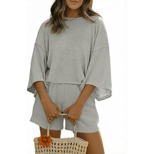 Tankaneo Womens Short Sets 2 Piece Outfits 3/4 Sleeve Tops and Elastic Waist Shorts Lounge Set Casual Loungewear (Gray) S
