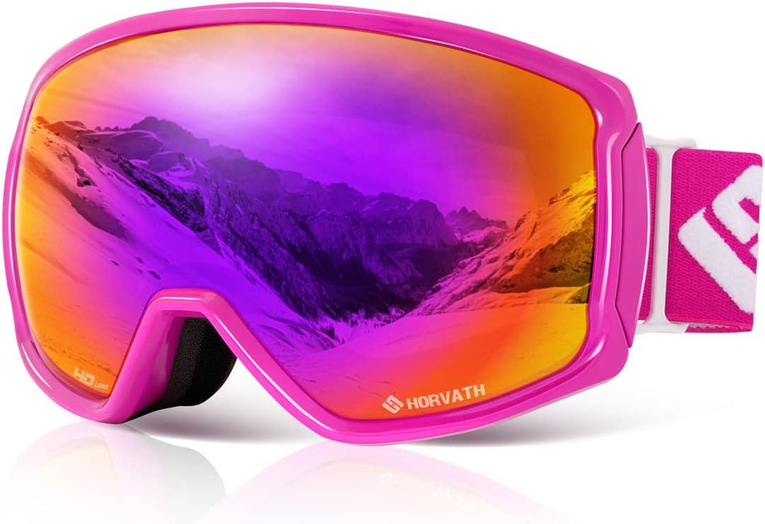 Ski Snowboard OTG Goggles, HD Mirrored Anti-Fog Goggle for Men Women (Vlt 16% / Rose Red Lens(frame))