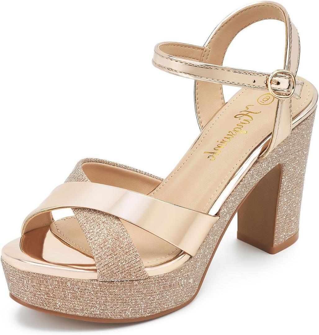 hingswink Womens Sparkly Platform Dress Sandals for Women Chunky Block Heel 3.8 Inch High Heels Open Toe with Strap for Women Comfortable Sexy Dressy Prom Wedding Party Evening Shoes, Champagne US 8
