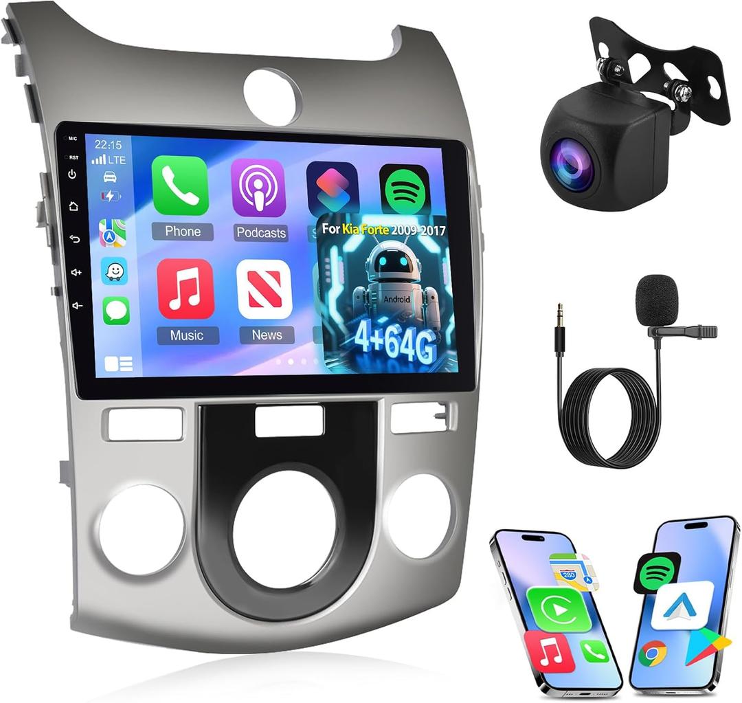 [4+64G] NHOPEEW Car Radio for Kia Forte 2009-2017 - Wireless Carplay and Android Auto - 9 Inch HD Touch Screen Android Car Stereo - EQ Audio/WiFi/GPS Navi/SWC/Bluetooth + AHD Backup Camera