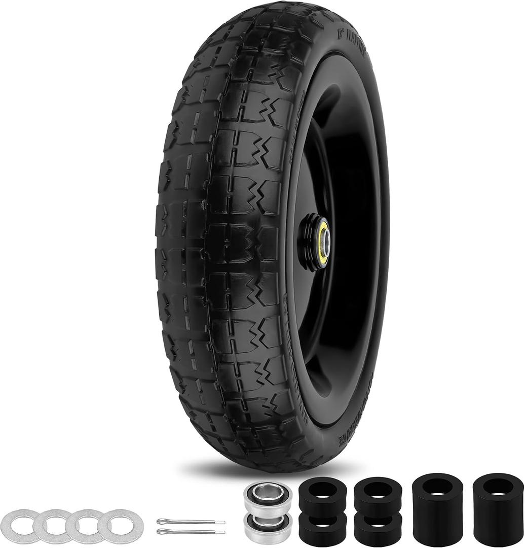 13 Inch Flat Free Wheels Tires 4.00-6 Solid Replacement with Universal 5/8" Axle Bore Hole, 4 Spacers and 2 Pins, for Wheelbarrow, Garden Wagon, Hand Truck, Trolley, Lawn Mower, 1 Pack