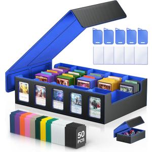 Trading Card Storage Box 5-Row 3900+ Capacity,TCG MTG Card Case with Magnetic Lid & Commander Display,Top Loader Storage for Sports Cards,Includes Dividers Dice BoxBlackBlue