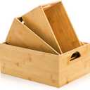 DEAYOU 3 Pack Bamboo Storage Bin, Bamboo Storage Box Crate, Natural Nesting Organizer, Stackable Cubby Basket Container Holder with Handle for Display, Book, Toy, Snack, Decor, Modular Open, 3 Sizes