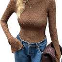MakeMeChic Women's Mock Neck Bell Sleeve T Shirt Textured Fitted Dressy Tops Coffee Brown Small