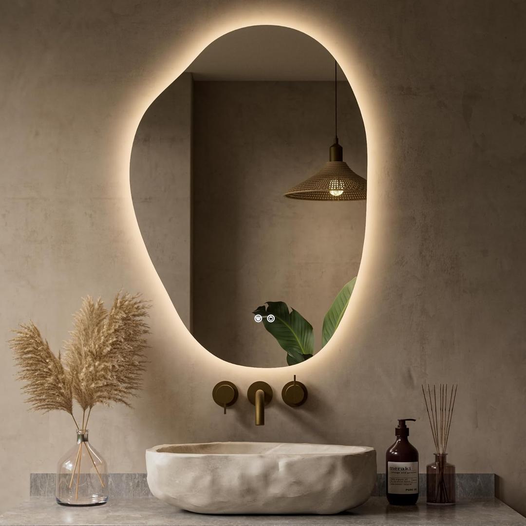 Keonjinn 22 x 30 Inch Asymmetrical Backlit Bathroom Mirror with Lights, LED Irregular Mirror with HD Tempered Glass, UL-Listed LED Driver, 3 Color Lights, Dimmable, Memory Function, Safe Defogging