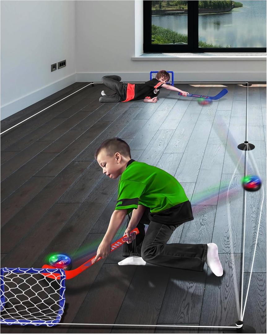 Air-Powered Hockey with Springy Boundaries  Rebounding Air Puck, 2 Mini Goals & Elastic Rope for Unpredictable Fun, Indoor Game for Kids & Families