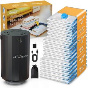 16 Vacuum Bags for Travel with High Pressure (-60KPa, 8.5L/min) Electric Pump - Vacuum Seal Packing Bags for Clothing Travel, Space Saver Suction Storage Bags for Luggage and Carry-On Suitcase