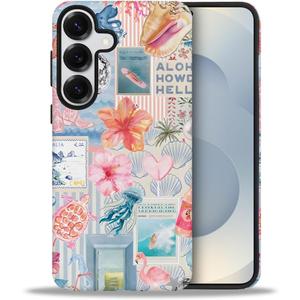 Compatible with Samsung Galaxy S25,Frosted Dual-Layer Protection with Phone Case Cover - Beachy Collage Aesthetic Turtles Floral