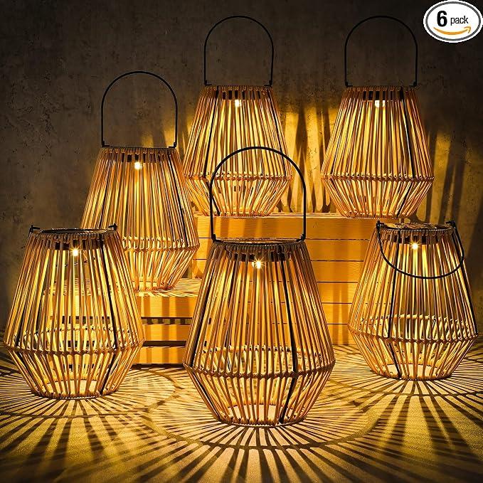 VIHOSE 6 Pack Solar Lantern Outdoor Waterproof Rattan, Square