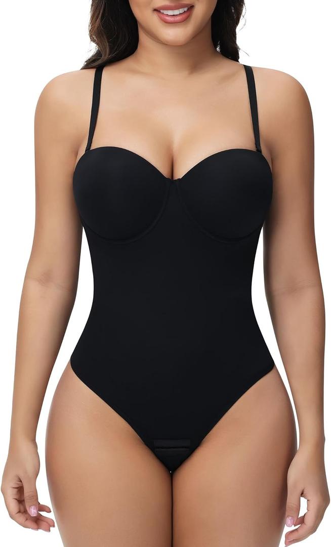 SHAPERIN Women's Tummy Control Shapewear Bodysuits Strapless Low Back Body Shaper with Built-in Bra & Removable Straps (Black)