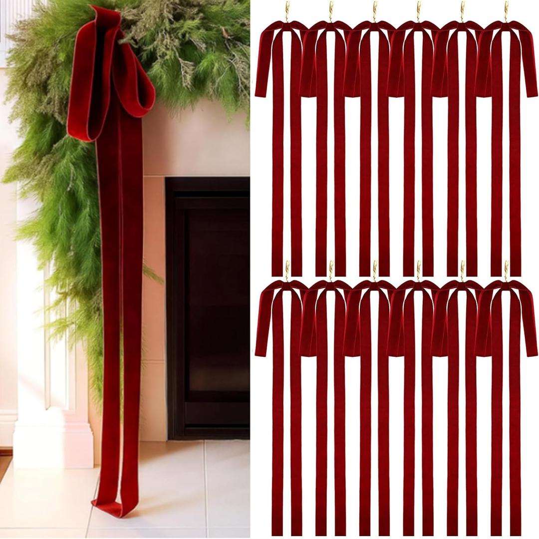 Janinka 12 Pcs Large Velvet Christmas Swag Bow 31.5 x 23.6 inch Rustic Velvet Staircase Wreath Bows Vintage Christmas Tree Topper Bows Large Bow for Outdoor Red)