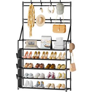 OYREL Shoe Rack, 5 Tier Shoes Storage Organizer, with Functional Hooks and Side Pocket, 20-25 Pairs, for Closet/Entrance/Entryway, Sneaker and Boot Stackable Free Standing Shoe Rack