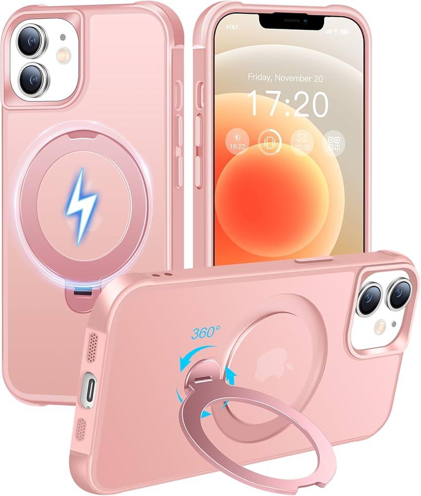 HuwaiH 360° Rotatable Magnetic Ring Stand for iPhone 12/12 pro Case, Compatible with MagSafe, Military-Grade Shockproof, Anti-Scratch Matte Translucent Phone Case for iPhone 12/12 pro(Pink)