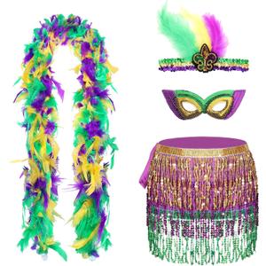 4 Pieces Mardi Gras Costume Accessory Set Sequin Mask Sequins Tassel Wrap Skirt Belly Dance Skirt Faux Feather Headband Feather Boa Mardi Gras Outfits for Women Girls Disco Carnival Party Yellow (Yellow)