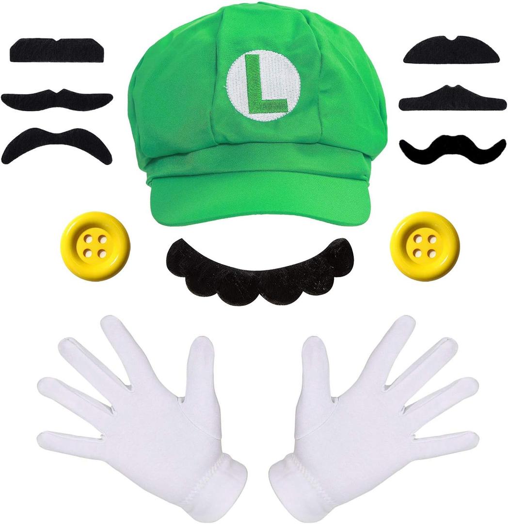 Humairc Super Bros Hats Accessories Set Mary Luigy Caps, Mustaches, Suspenders, Gloves Buttons Halloween Cosplay Costume (Green)