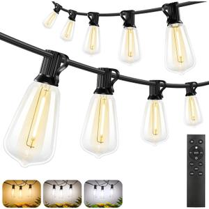 Brightever 200FT Outdoor String Lights with Remote, 2700K/4000K/5000K Selectable LED Patio Lights with 60+2 ST38 Vintage Edison Bulbs, 3 Lighting Modes, 3H/5H Timer, Dimmable String Light for Outside (Black)