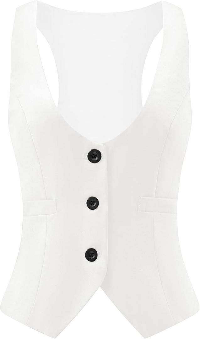 V VOCNI Suit Vest for Women Waistcoat Vintage Steampunk Dressy Casual Racerback Vest Jacket (White, XL)