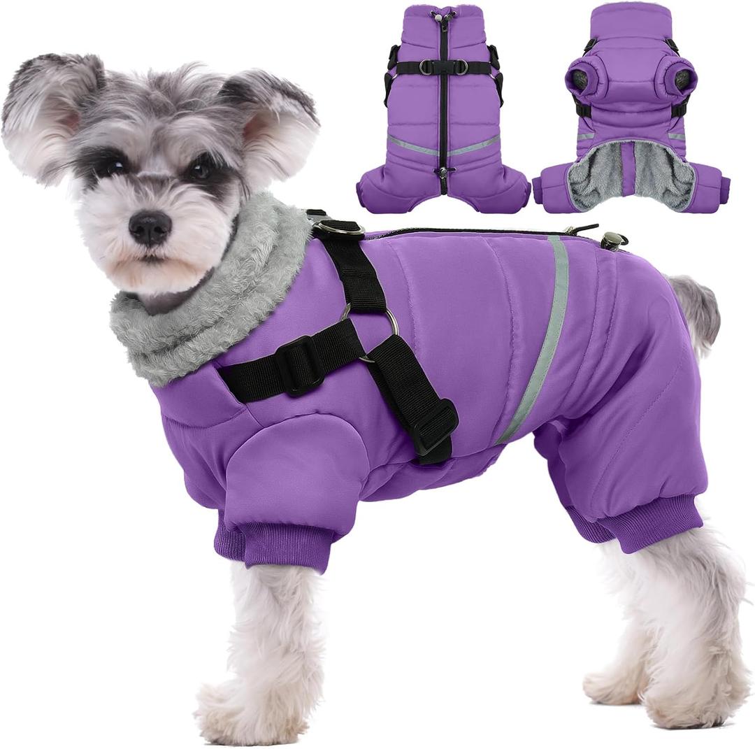 BRKURLEG Purple Dog Coat with Harness, Dog Winter Jacket, Dogs Onesie Body Warm Jackets, Small Medium Dogs Winter Coats Reflective Windproof Warm Cold Weather Coats, Pet Waterproof Jacket, XXL