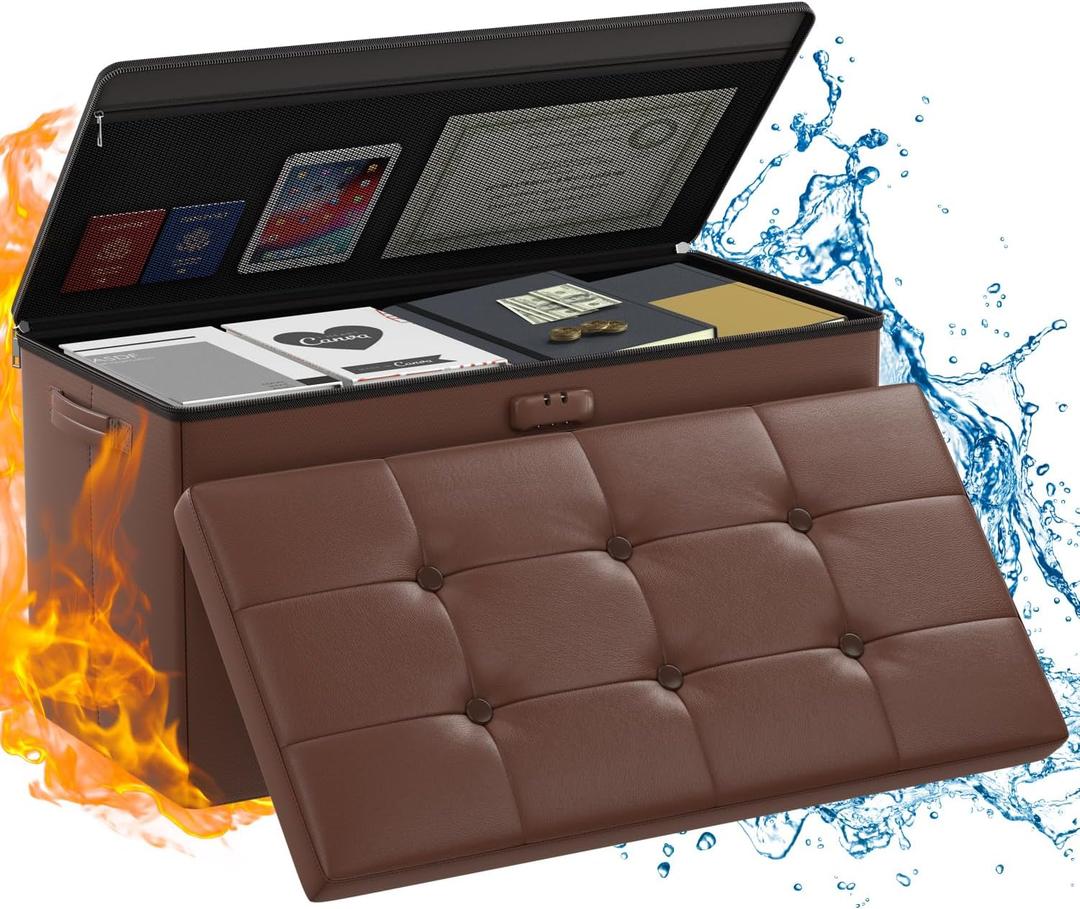 ENGPOW Storage Ottoman Bench,Fireproof Folding Bench with Lock,30 Inches FireWater Resistant Storage Chest Foot Rest Stool Leather Bedroom Bench with Storage Safe for Document,Valuables, Brown