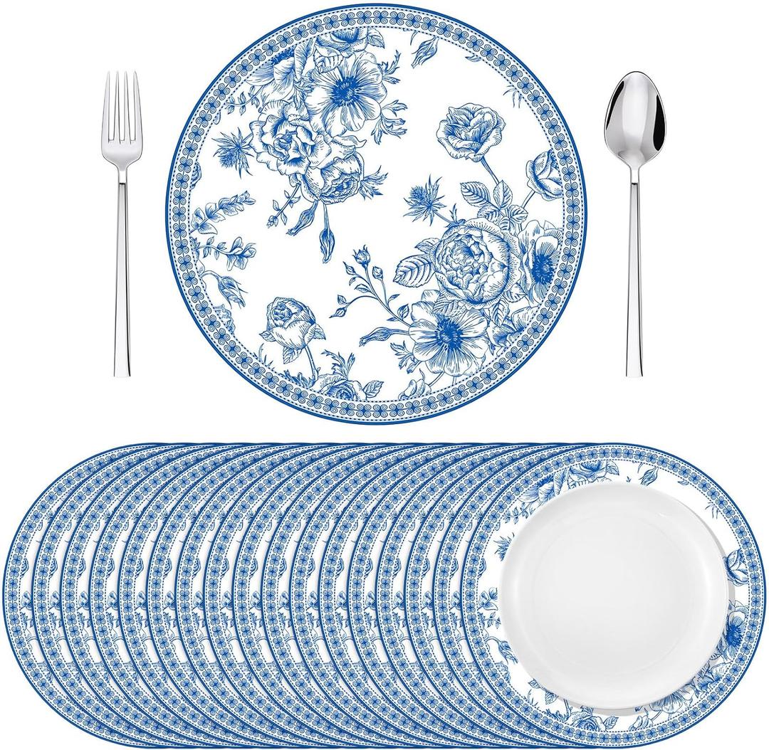 100 Pack Blue Floral Paper Placemats 13 Inch Chinoiserie Disposable Table Mats Round Paper Place Mats Dinnerware for Baby Shower Bridal Birthday Kitchen Wedding Party Supplies