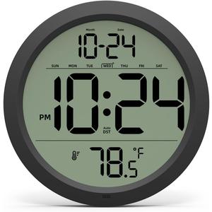 Digital Wall Clock with Date, Indoor Temperature, Auto-DST, Battery-Operated Digital Clock, 8 Inch Small Decorative Wall Clock for Bedroom, Living Room, Home, Kitchen, Office, Modern, Electric, Simple
