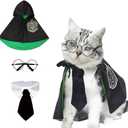 ANIAC 3PCS Halloween Dog Costume Cat Wizard Cape Glasses and Necktie Set Halloween Puppy Outfit Pet Academy Magician Cosplay Apparel for Kitten Cat Small Dogs (Black+Green, Large)