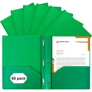 2-Pocket Folders with 3 Prongs,60-Pack Plastic Folders with Pockets and Prong Holds Letter Size Paper, Plastic Pockets Folder for School, Office and Home, Green