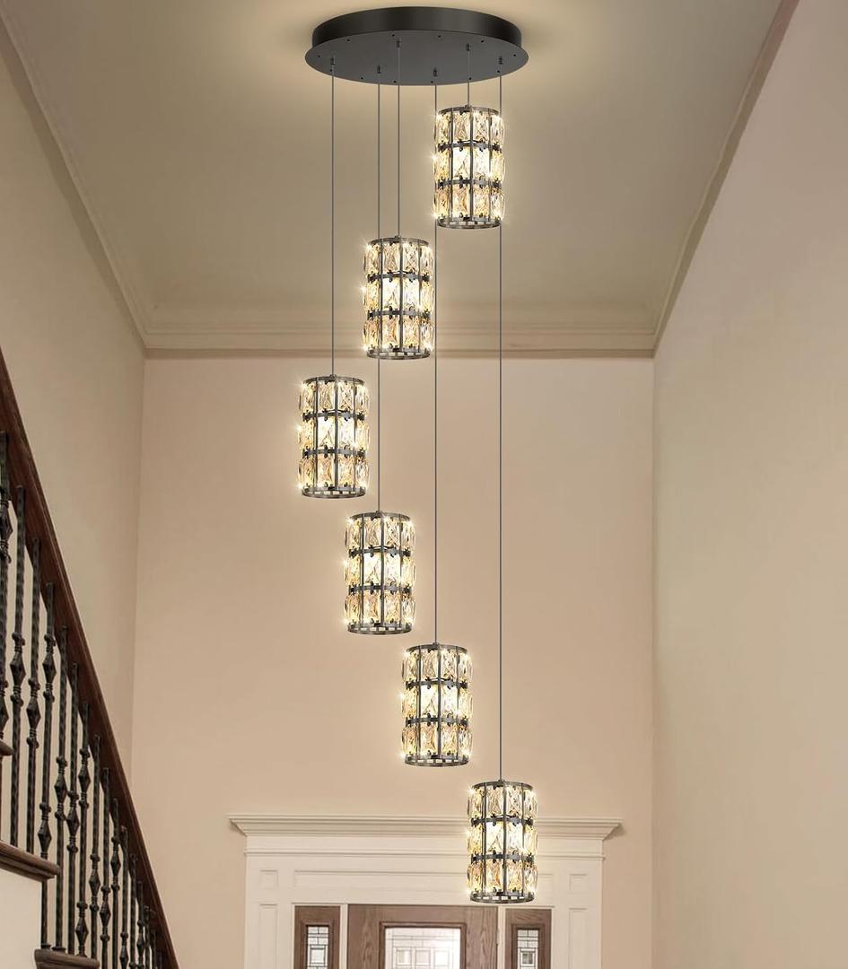 6-Lights Modern Crystal Pendant Lights for Kitchen Island LED Dimmable Glam Pendant Lighting Chandelier for Dining Room Hallway Corner Lamp Black